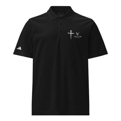 Vellum Adidas polo shirt with intricate embroidery on the chest, highlighting detailed stitching and premium fabric texture.