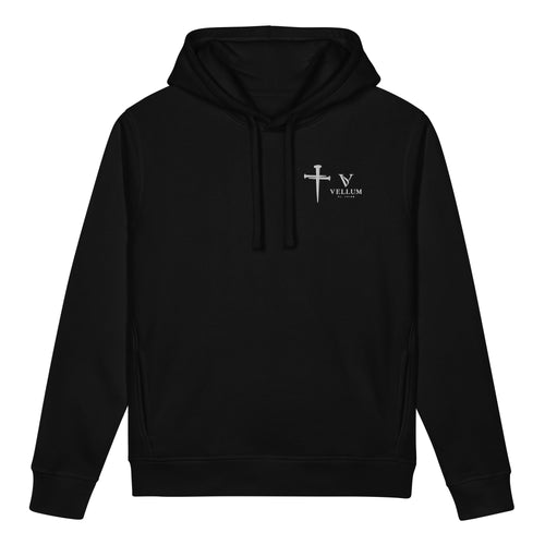 Black Vellum cross drawstring hoodie styled as a t-shirt, featuring a relaxed fit, black color, and casual streetwear design.